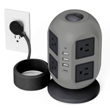 Imagem de SUPERDANNY Régua de alimentação de torre de tomada plana de 3 metros com proteção contra surtos - 8 tomadas CA e 4 portas USB (1 USB-C) estação de carregamento, com cabo de extensão longo e plano