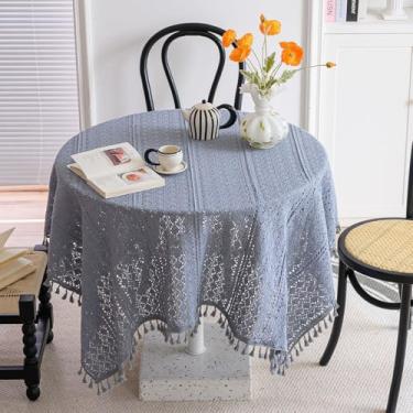 Imagem de Wuluwala Toalha de mesa quadrada pequena de renda vintage de crochê com borlas, toalha de mesa de algodão feita à mão para chá de panela, festa de aniversário, casamento, decoração de casa, cinza, 99