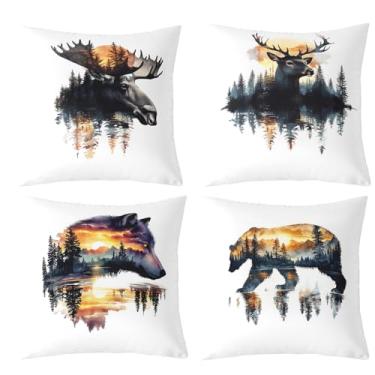 Imagem de Feelyou Capas de almofada vintage de urso 50,8 x 50,8 cm, conjunto de 4 fronhas macias para crianças, cabana, veado, caça, para meninos e meninas, adolescentes, fazenda, lobo, alce, animais, laranja,