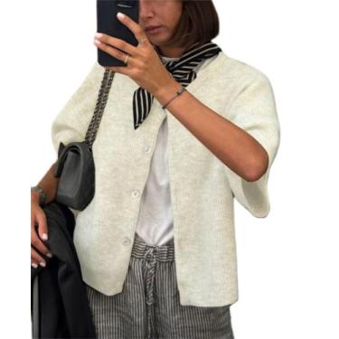 Imagem de Camisola de cardigã Yuemengxuan tricotada de manga curta branca