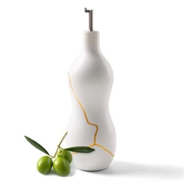 Imagem de BosilunLife Garrafa dispensadora de azeite de oliva de cerâmica, galheteiro de 400 ml com elegante detalhe dourado e design ergonômico curvo, garrafa de vinagre sem gotejamento para cozinha e jantar