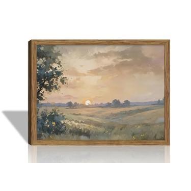 Imagem de Arte de parede rústica vintage emoldurada, decoração de parede com imagens do pôr do sol, impressões em tela de pintura a óleo da natureza do outono, decoração de arte de paisagem country, arte antiga