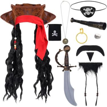 Imagem de Sibosen Acessórios de fantasia de pirata para adultos – chapéu de pirata com dreadlocks, bandana, colar de caveira, espada de plástico, anel e barba – Perfeito para Halloween, festas de cosplay