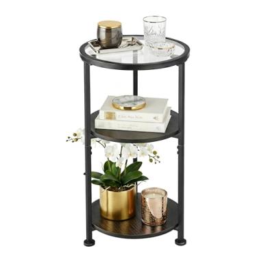 Imagem de ZEXVIDA Mesa lateral redonda, mesa de canto de vidro de 3 camadas com moldura de metal, mesa de centro dourada com estilo moderno para sala de estar, varanda, quarto (preto)