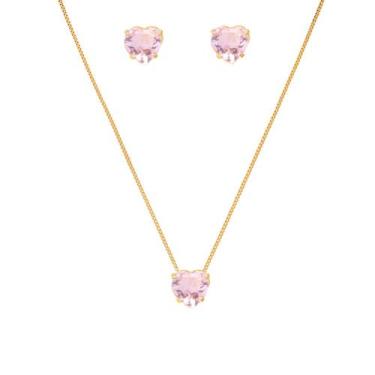 Imagem de Conjunto Colar E Brinco Pedra Rosa Claro Folheado A Ouro 18k - Milena 