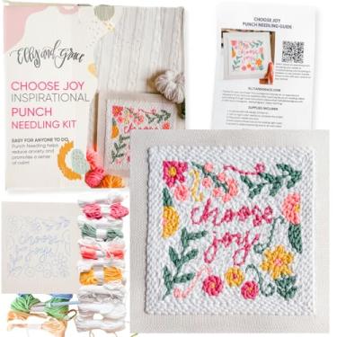 Imagem de Elly and Grace Kit de agulhas de punção cristãs para iniciantes adultos, kits de bordado de agulha de perfuração com moldura quadrada, fio, passador de fios, instruções e agulha (escolha alegria)