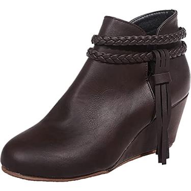 Imagem de Botas femininas quentes de inverno para uso ao ar livre, couro sintético com cadarço, botas de neve de salto alto, Café, 39 BR