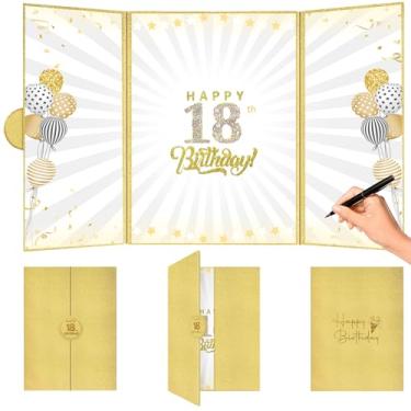 Imagem de FREXISYN Decorações de festa de aniversário douradas, livro de visitas feliz aniversário assinatura alternativa livro de visitas para homens mulheres brinde a 18 anos de idade presentes placa de