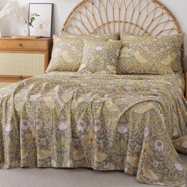Imagem de FADFAY Jogo de lençol Queen 100% algodão, 4 peças cinza vintage estampa floral pássaro, lençóis macios e respiráveis, lençol com elástico alto, lençol de cima e fronhas, roupa de cama de algodão para