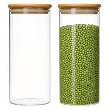 Imagem de Kit 2 Potes 1 Litro de Vidro com Tampa de Bambu Hermético para Armazenamento 20.5cm Altura x 8cm Largura Design Rústico Livre de BPA