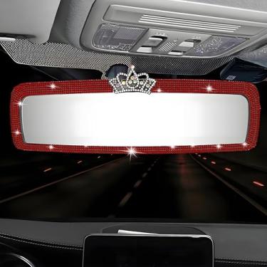 Imagem de Coroa brilhante cristal 10,7 polegadas HD vidro grande angular carro retrovisor clipe diamante brilhante acessórios decorativos interiores panorâmicos decoração de carro (vermelho)