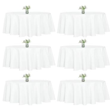Imagem de Pacote com 6 toalhas de mesa brancas redondas de poliéster de 228 cm, toalha de mesa resistente a rugas para festas de buffet de casamento e jantar (branca, redonda de 228 cm)