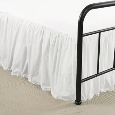 Imagem de Vlocemon Saia para cama queen size 45,7 cm com babados brancos, renda com borda de crochê, leve, 100% algodão, saia para cama com babados estilo Coutry francês com cantos divididos