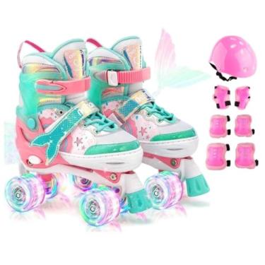 Imagem de Patins Infantil Sereia com 4 Rodas Iluminadas LED, Ajustável, para Crianças com Kit de Proteção (Verde, G - 36 a 39)