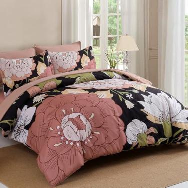 Imagem de DJY Conjunto de edredom Queen, 7 peças, conjunto de edredom de flores boêmio com lençóis, de microfibra macia, botânica, casa de fazenda, para todas as estações (preto, 224 x 233 cm)