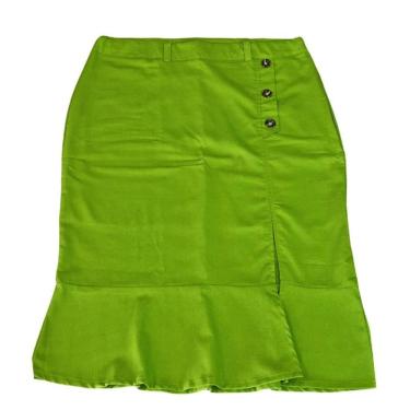 Imagem de Saia Feminina Linho Longa Fenda Botões Babado Verde Plus size