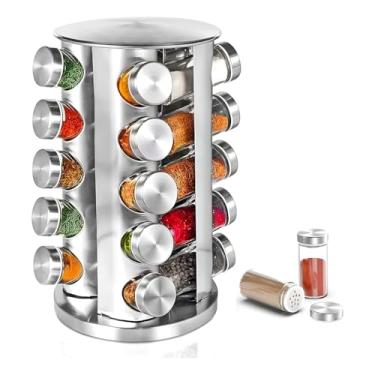 Imagem de Porta Temperos Giratório 360° em Aço Inox e Vidro, 20 Potes com Base Giratória, 33cm Altura, Capacidade 80g, Transparente e Prateado