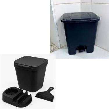 Imagem de Kit Cozinha 4 Peças Plástico Preto com Lixeira 13L com Pedal, Lixeira 4,8L Basculante, Porta Detergente e Rodo de Pia – Organizador Moderno, Resistente e Fácil de Limpar