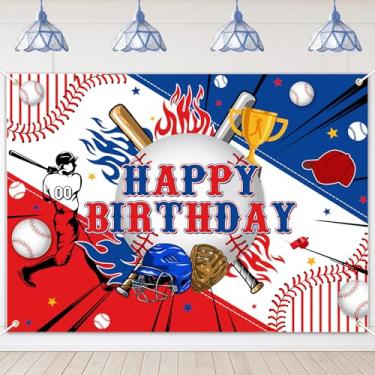 Imagem de Avezano Faixa de fundo de beisebol, feliz aniversário, decoração de festa de aniversário, faixa esportiva para meninos e adolescentes (2,1 x 1,5 m)