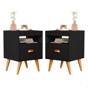Imagem de Kit 2 Mesa De Cabeceira Para Quarto Com Pés e Gaveta Com Nicho Criado Mesinha Canto mesa de cabeceira com gaveta 56×34×31cm(Preto)