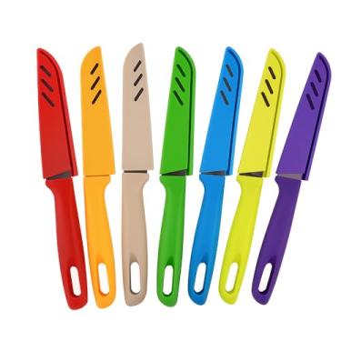 Imagem de Conjunto de 7 Facas de Cozinha Coloridas, Lâminas com Capa Protetora, para Frutas e Legumes, Vermelho, Laranja, Bege, Verde, Azul, Amarelo e Roxo, Manual