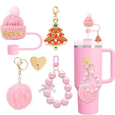 Imagem de 5 peças de acessórios de garrafa de Natal Warter para copos Stanley, incluindo capa de palha de chapéu e pingentes de chaveiro fofos para Stanley Cup 1,134 g e copo de 850 g, perfeito para presentes
