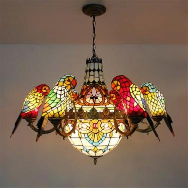 Imagem de Lustre contemporâneo de papagaio em estilo americano de luxo para sala de estar, restaurante, quarto, villa, hotel, café, bar, karaokê ou clube. Luminária pendente de vidro com LED colorido