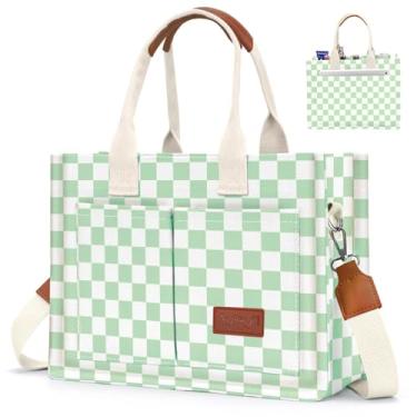 Imagem de Bolsa de lona feminina com bolsos, bolsa transversal, bolsas de ombro, bolsas de trabalho casuais, bolsa de mão, Grade/verde menta