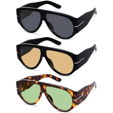 Imagem de YMRFW Óculos de sol aviador retrô grandes para mulheres e homens tendência anos 70 grosso clássico estilo vintage óculos de sol, Pacote com 3 (preto/cinza + preto/champanhe + tartaruga/verde claro