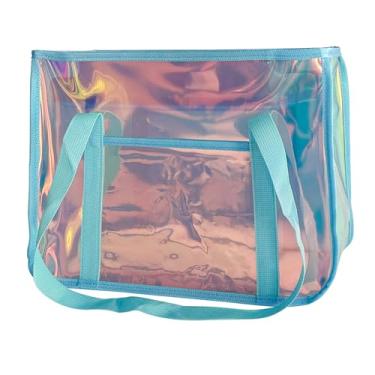 Imagem de TotePrint Bolsa de praia holográfica com estampa de estrelas - Bolsa feminina iridescente de PVC impermeável aprovada para estádios, Rosa holográfico, Large
