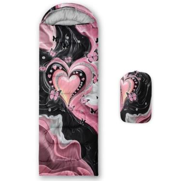 Imagem de QOOMO Sacos de dormir à prova d'água com estampa de coração rosa para adultos e crianças, sacos de dormir impressos para acampamento, viagens e ao ar livre, equipamento de acampamento, 78,7 x 228,6 cm