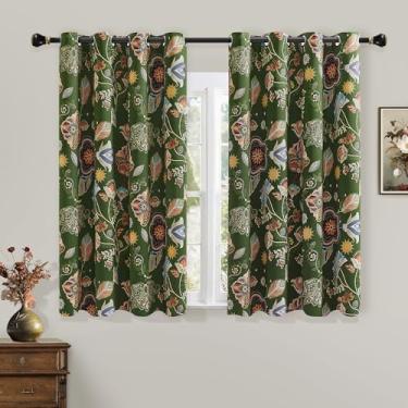 Imagem de XiDi Cortinas blackout vintage com estampa floral verde 153 cm de comprimento, 2 painéis para quarto, cortinas de luxo com isolamento térmico com design de folha botânica com ilhós, verde musgo, 132 x