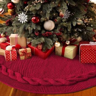 Imagem de Saia de árvore marrom de Natal tricotada vermelha escura de 122 cm, saia grande para árvore de Natal, base redonda, para decoração de festas de fim de ano, para árvore de Natal de 1,2 a 2,8 m, saia de
