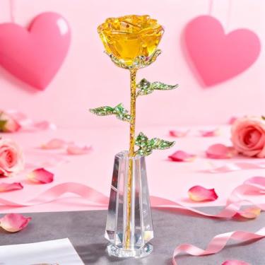 Imagem de HTBIG Presentes de Dia dos Namorados, Rosa Amarela Presente para ela, Escultura em Vaso de Cristal K9, Flor Eterna de Vidro de Cristal 3D, para Mulheres em Aniversário, Casamento, Aniversário, Dia dos