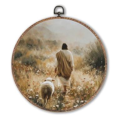 Imagem de Lengues Jesus Leaves the 99 Sheep Christian Round Wall Art, Jesus Lamb Landscape Round Wall Decor, Cottagecore Decor Canvas Framed Art Prints, Impressão cristã moldura suspensa para sala de casa 25 x