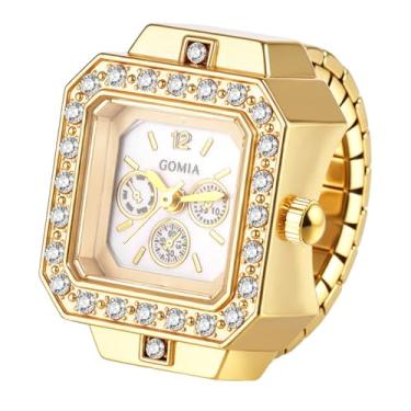 Imagem de JewelryWe Relógio feminino com anel quadrado: pulseira elástica de aço inoxidável ajustável, caixa de diamante brilhante, 3 submostradores, quartzo, analógico, relógios de dedo para o Natal, ouro