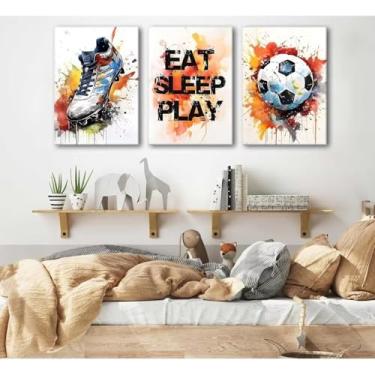 Imagem de 3 peças EAT SLEEP PLAY - Citação inspiradora motivacional sem moldura pôster colorido futebol 20 x 30 cm arte de parede para casa moderna, escritório, sala de estar, decoração de quarto, arte de