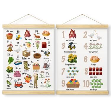 Imagem de Conjunto de 2 pôsteres do alfabeto com números de fazenda, pôsteres ABC para crianças com molduras de madeira, pôsteres de aprendizagem para crianças de 1 a 3 anos, decoração de parede de quarto de