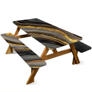 Imagem de ANNA QUEEN Conjunto de capa de mesa de piquenique com girassol de 1,82 m x 76 cm, à prova d'água, banco e toalha de mesa, proteção de móveis para acampamento, praia, churrasco, pátio, quintal (preto e