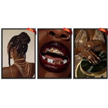 Imagem de Conjunto de arte de parede de mulher negra com 3 pôsteres de meninas negras abstratas afro-americanas negras decoração moderna boho imagens femininas para quarto, sala de estar, pôsteres 20 x 30 cm