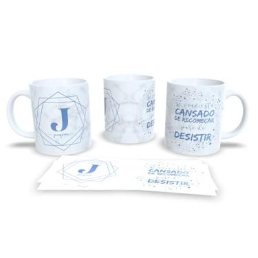 Imagem de Caneca de Cerâmica Personalizada com Monograma e Frase Motivacional, Mármore Branco e Azul, 325ml, Design Geométrico (j)