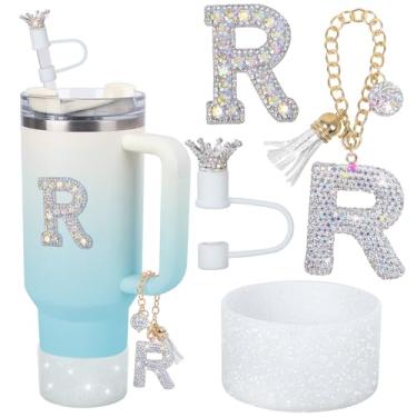 Imagem de LA KEN DU Berloques de letras para alça de copo Stanley, acessórios de bota de silicone para Stanley Cup 1,134 g 850 g, cobertura de palha de coroa e adesivo de diamante (R)