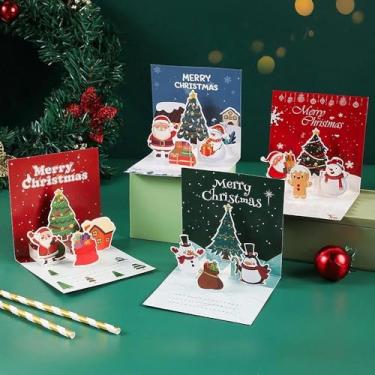 Imagem de Cartões pop-up de Natal, 4 peças de cartões 3D com tema de boneco de neve de Papai Noel com envelopes, acessórios de presente de Natal
