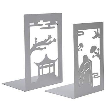 Imagem de Suporte para livros de metal antiderrapante, estilo antigo, estante de mesa, divisor de livros, suprimentos para artesanato, organizador de livros de ferro à prova de ferrugem (Pavilhão + montanhas)