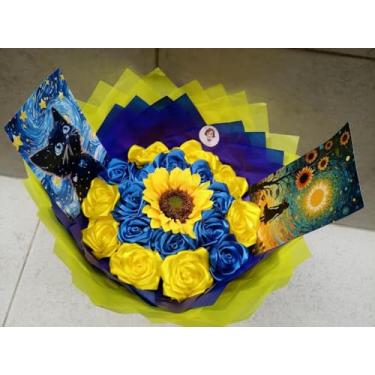 Imagem de Buquê de Rosas Eternas Van Gogh+Girassol(18 Rosas +2 Imagens) (Azul com Amarelo)