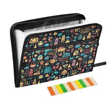 Imagem de Wassud Pasta organizadora de arquivos de papel A4 com estampa de objetos coloridos, pasta organizadora de documentos com etiquetas, pasta de arquivos expansível, 13 bolsos
