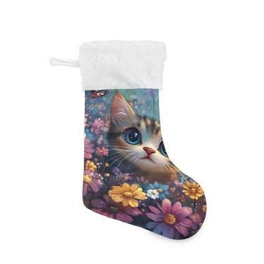 Imagem de xigua Gato com flores coloridas meia de Natal personalizada grande doce presente de pendurar meias de Natal decoração para festa de férias em família, decoração de lareira
