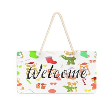 Imagem de Burbuja Placa de boas-vindas Dogs in Christmas Hats para porta da frente, placa de boas-vindas de PVC para decoração de férias de casa de fazenda, 15 x 28 cm