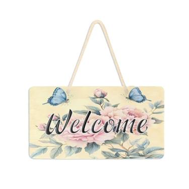 Imagem de Burbuja Placa de boas-vindas delicadas peônias rosas borboletas para porta da frente, placa de boas-vindas de PVC para pendurar na parede varanda casa de fazenda, decoração de feriados, 15 x 28 cm