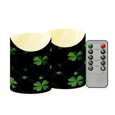 Imagem de Wassud Pacote com 2 velas de trevos xadrez verdes sem chama com controle remoto, velas realistas cintilantes com temporizador, velas decorativas para Natal, casamento, festa, decoração de casa pequena